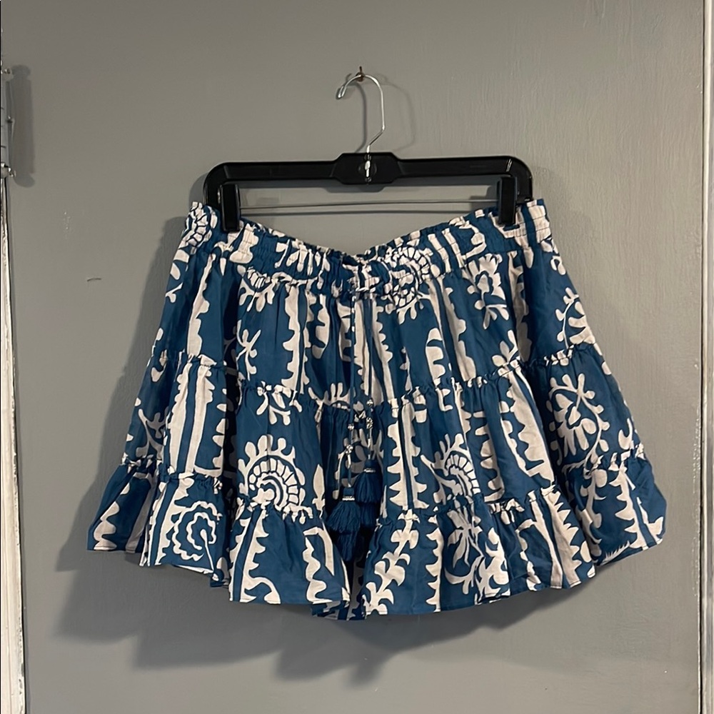 Zara Cotton Voile Lightweight Blue & White Print Mini Skirt Size US L